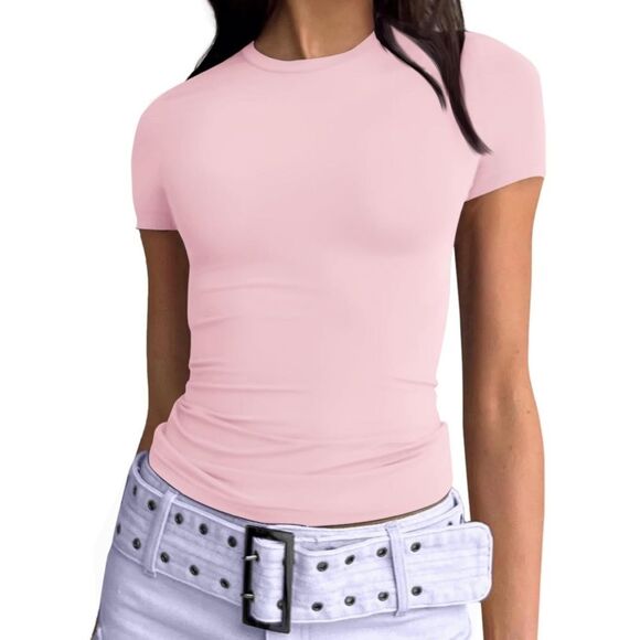 NWT Trendy Queen Cropped Short Sleeve Top Light Pink - Picture 1 of 5